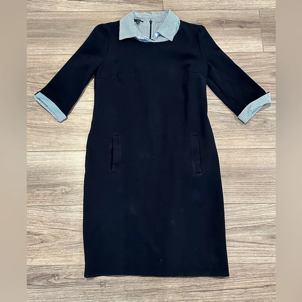 Talbots Small Petite Navy Blue Oxford with Blue Striped Layered Look Shirt Dress